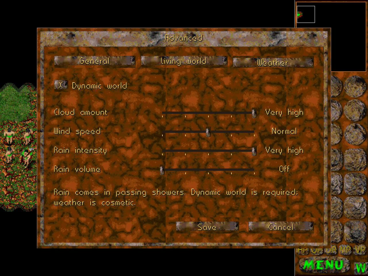 Weather controls inside the tribe-themed Advanced menu