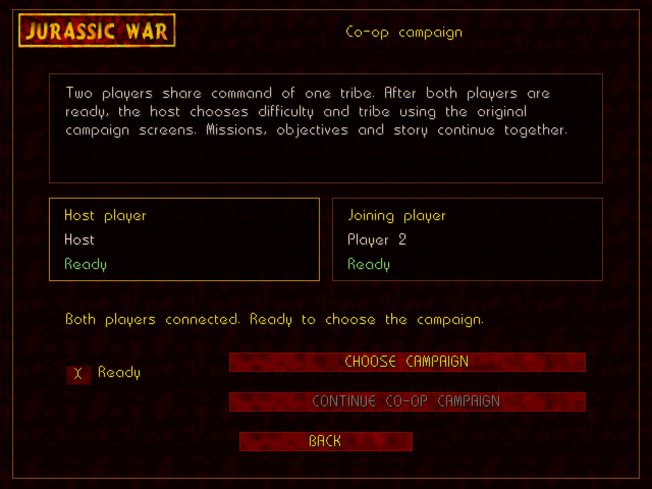 Co-op lobby with both players ready and a Choose campaign button