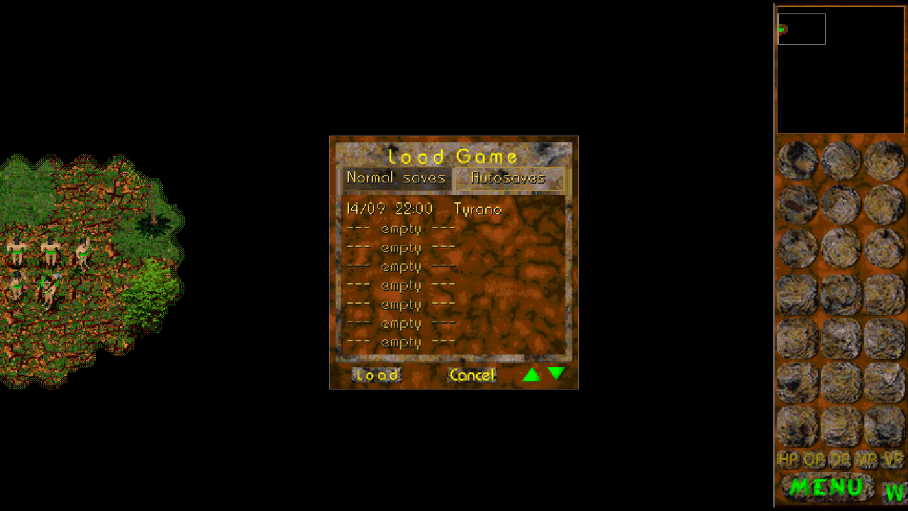 The current load menu with gold autosave labels and a widescreen battlefield.