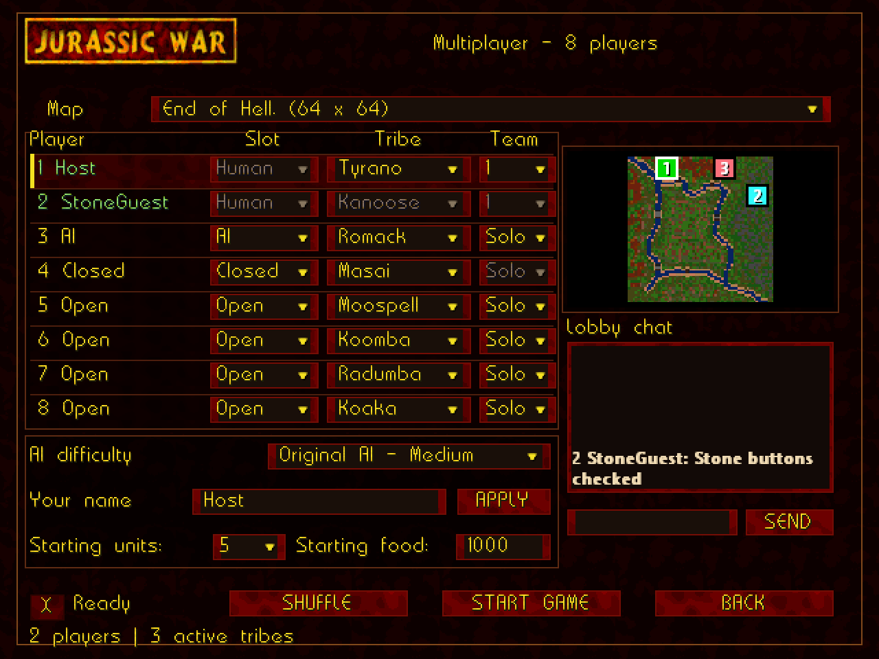 Eight-player lobby showing slots, tribes, teams, a map and chat