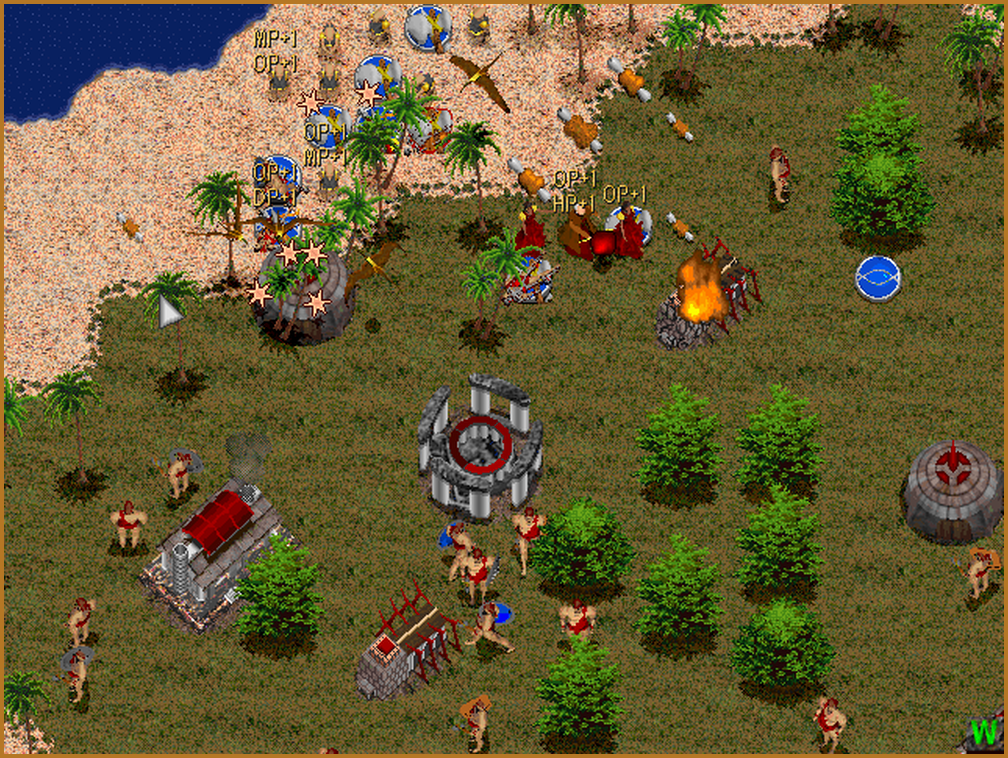 Tribesmen, dinosaurs and buildings in a battle beside a palm-lined beach