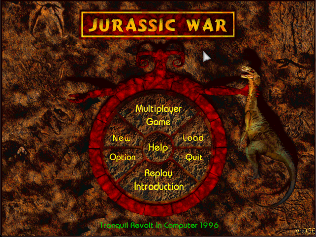 The original Jurassic War title menu, surrounded by stone and dinosaurs