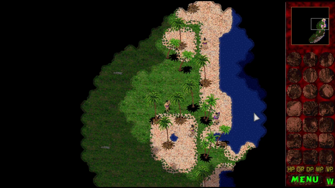 A coastal gameplay capture from the Living World sequence: palms, grassland and the water’s edge.