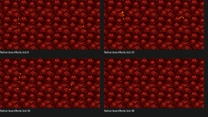 Native effect study showing lava particles at four moments in their animation.