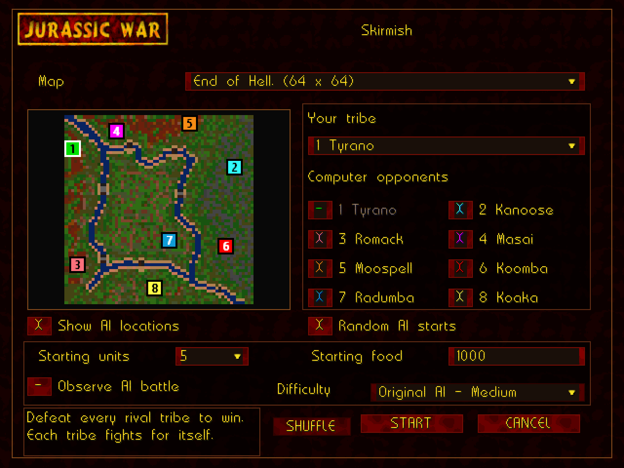 Skirmish setup with colored tribe positions, opponent choices and difficulty
